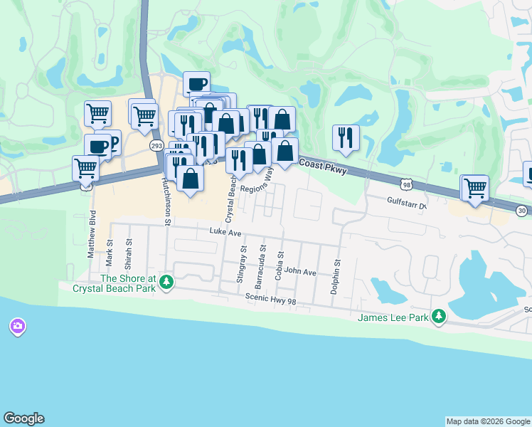 map of restaurants, bars, coffee shops, grocery stores, and more near 219 Grand Key Loop West in Destin