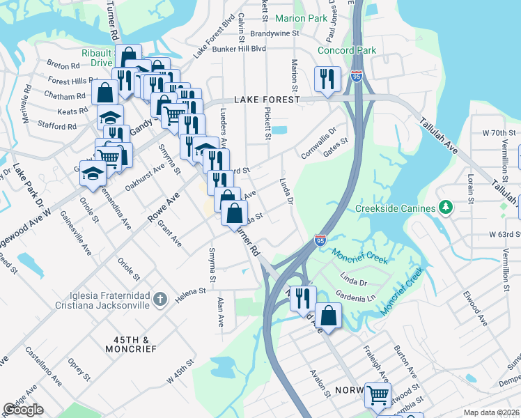 map of restaurants, bars, coffee shops, grocery stores, and more near 1209 Ida Street in Jacksonville