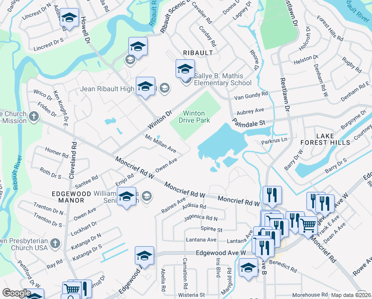 map of restaurants, bars, coffee shops, grocery stores, and more near 3529 Owen Avenue in Jacksonville