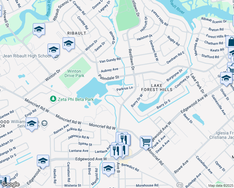 map of restaurants, bars, coffee shops, grocery stores, and more near 6336 Toni Avenue in Jacksonville