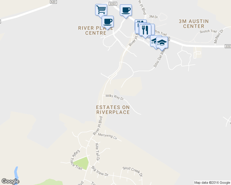 map of restaurants, bars, coffee shops, grocery stores, and more near 10500 Milky Way Drive in Austin