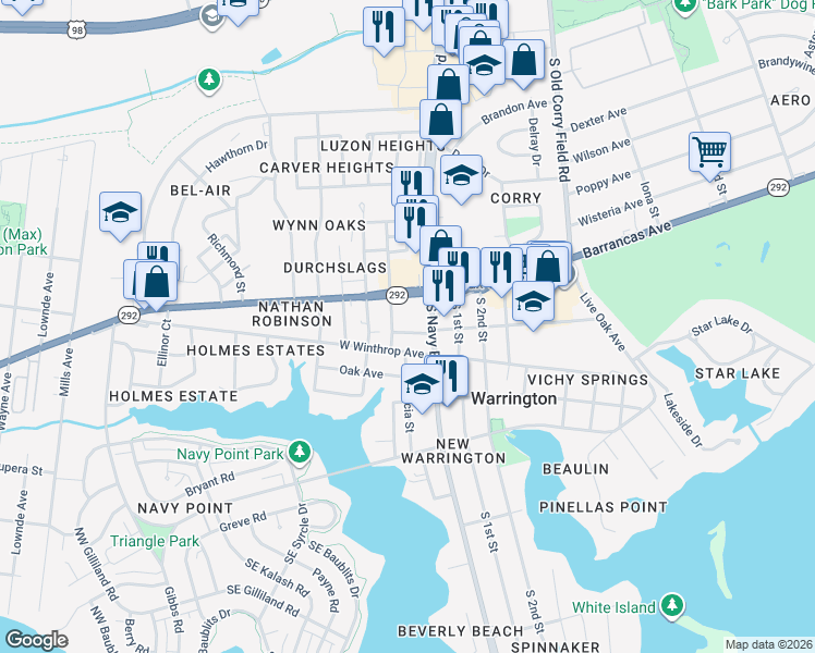 map of restaurants, bars, coffee shops, grocery stores, and more near 43 South Navy Boulevard in Pensacola