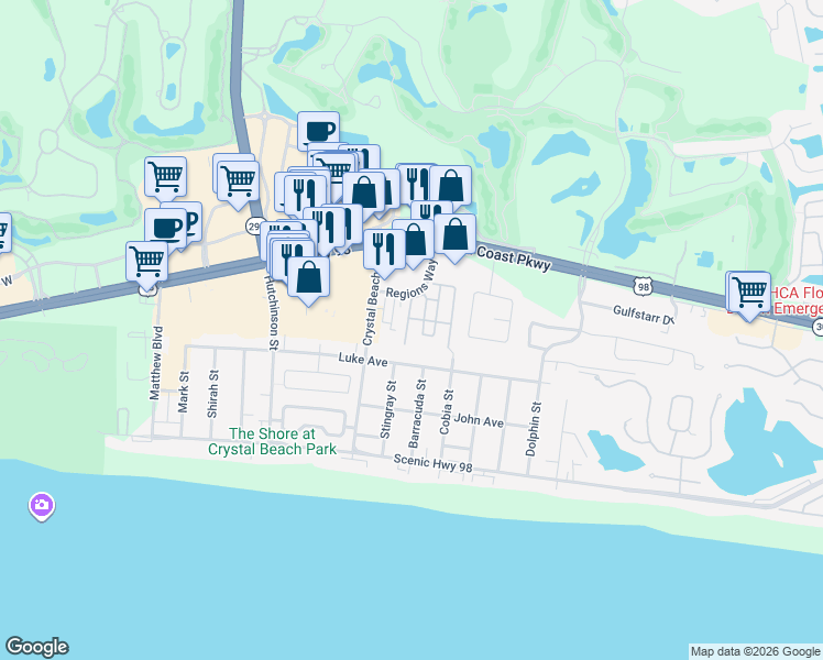 map of restaurants, bars, coffee shops, grocery stores, and more near 207 Tahitian Way in Destin
