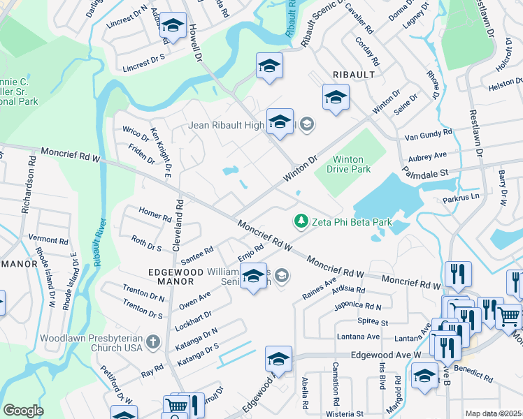 map of restaurants, bars, coffee shops, grocery stores, and more near 3929 Robert C Weaver Drive in Jacksonville