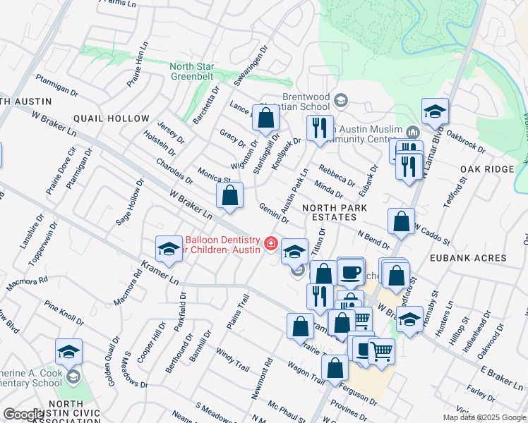 map of restaurants, bars, coffee shops, grocery stores, and more near 1209 Gemini Drive in Austin