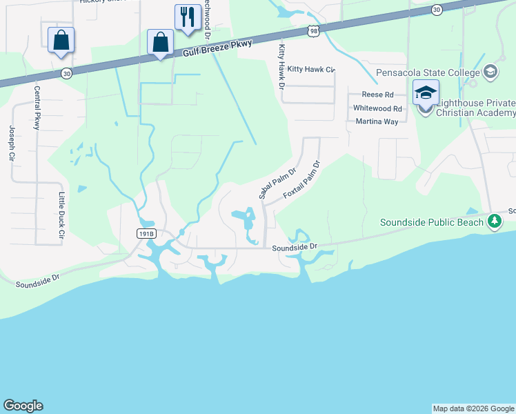 map of restaurants, bars, coffee shops, grocery stores, and more near 1359 Sabal Palm Drive in Gulf Breeze