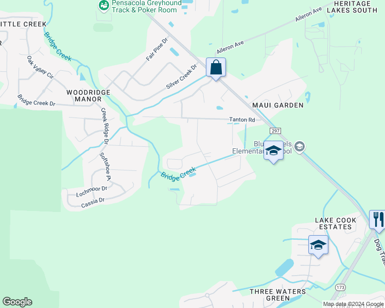 map of restaurants, bars, coffee shops, grocery stores, and more near 10505 Queens Gate Circle in Pensacola