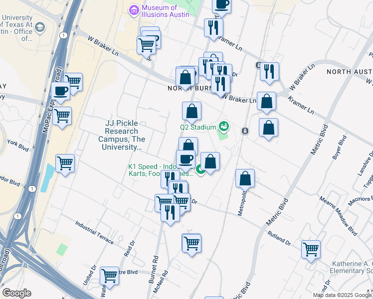 map of restaurants, bars, coffee shops, grocery stores, and more near 10301 Burnet Road in Austin