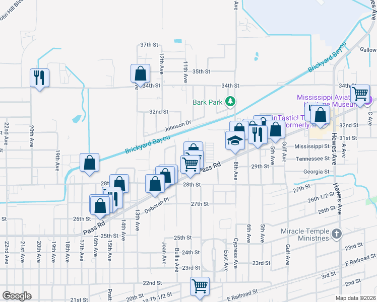 map of restaurants, bars, coffee shops, grocery stores, and more near 1224 29th Street in Gulfport