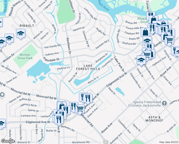 map of restaurants, bars, coffee shops, grocery stores, and more near 2402 Burgoyne Drive in Jacksonville