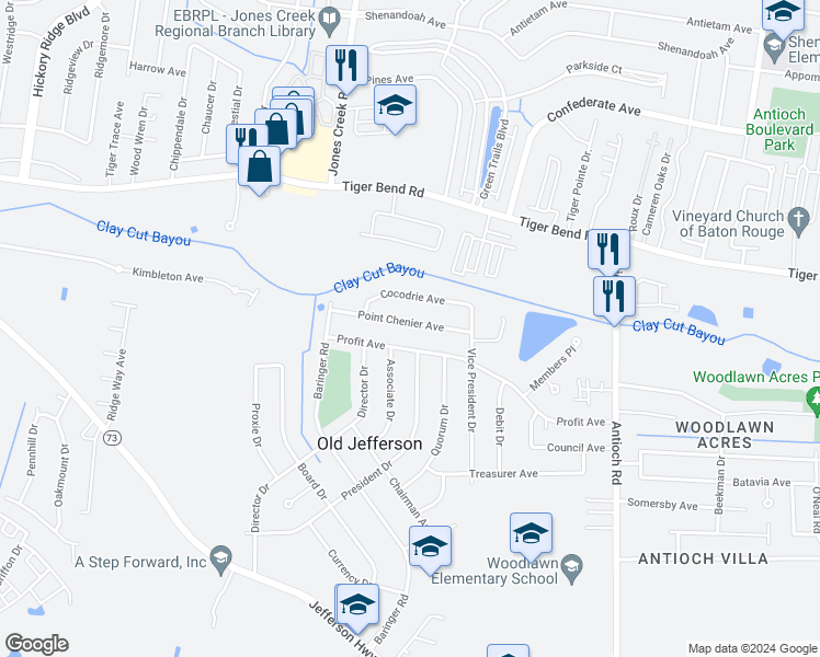 map of restaurants, bars, coffee shops, grocery stores, and more near 15164 Point Chenier Avenue in Baton Rouge