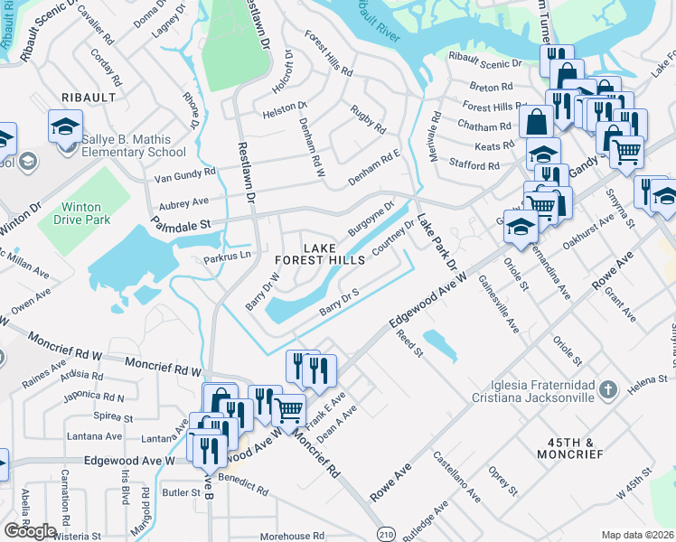 map of restaurants, bars, coffee shops, grocery stores, and more near 2312 Burgoyne Drive in Jacksonville