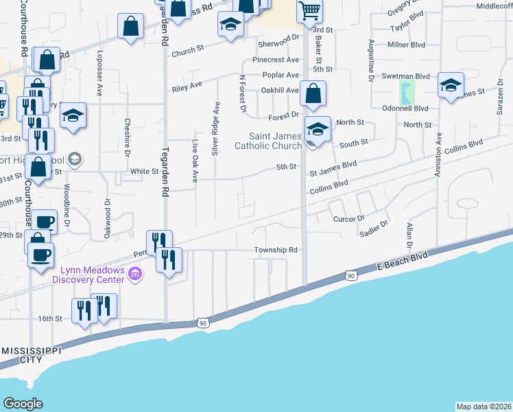 map of restaurants, bars, coffee shops, grocery stores, and more near 357 Cowan Road in Gulfport