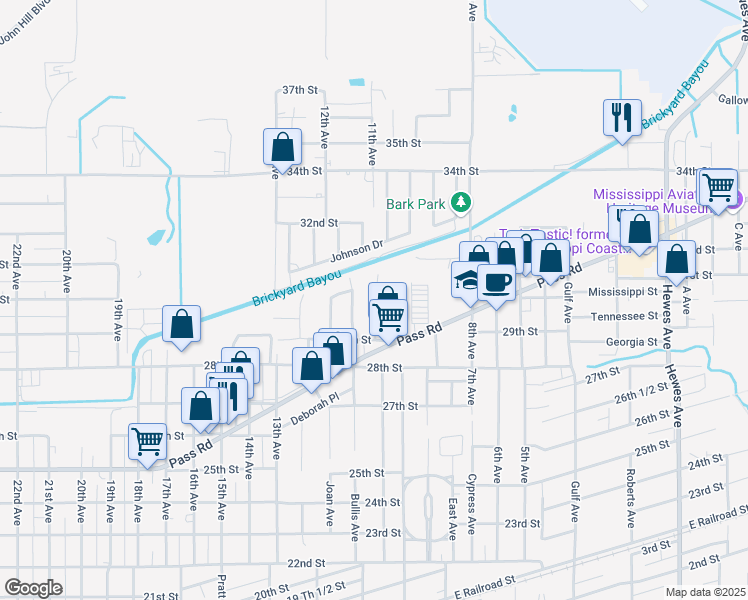 map of restaurants, bars, coffee shops, grocery stores, and more near 1224 29th Street in Gulfport