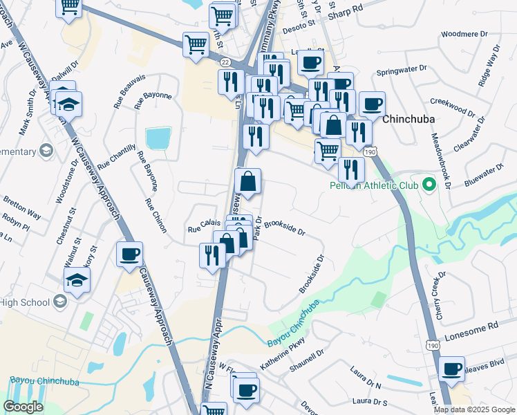 map of restaurants, bars, coffee shops, grocery stores, and more near 1350 Park Drive in Mandeville