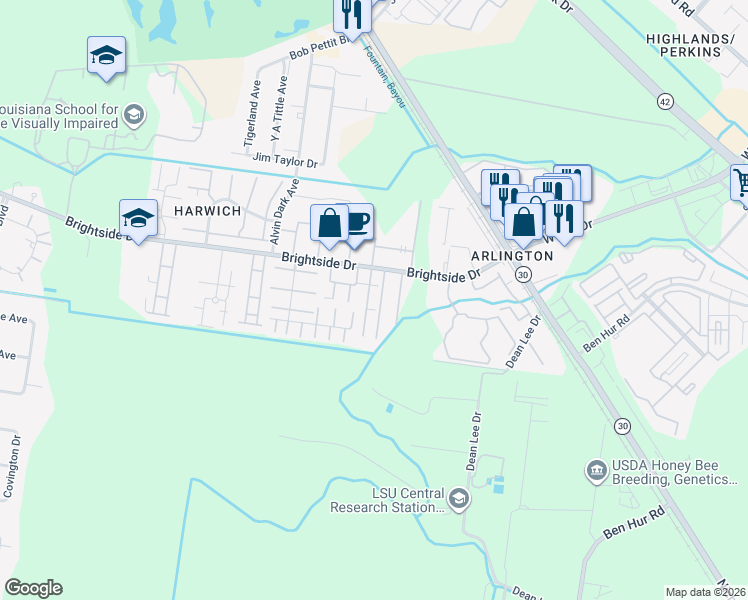 map of restaurants, bars, coffee shops, grocery stores, and more near 1741 Brightside Drive in Baton Rouge