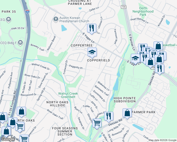 map of restaurants, bars, coffee shops, grocery stores, and more near 1106 Peggotty Place in Austin