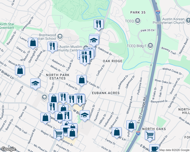 map of restaurants, bars, coffee shops, grocery stores, and more near 11707 North Lamar Boulevard in Austin