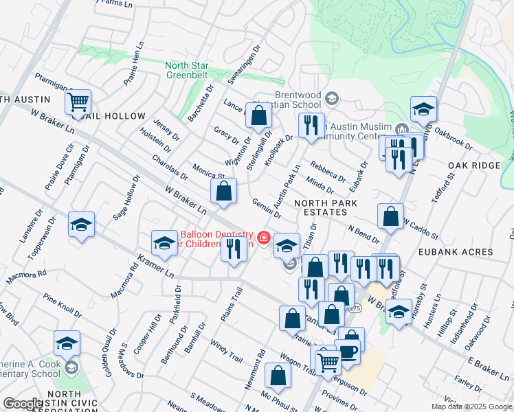 map of restaurants, bars, coffee shops, grocery stores, and more near 1209 Gemini Drive in Austin