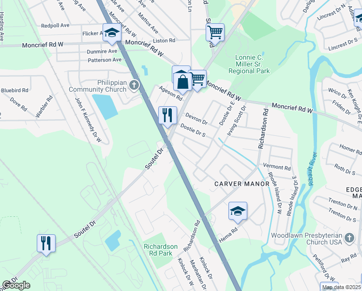 map of restaurants, bars, coffee shops, grocery stores, and more near 5322 Boilard Drive in Jacksonville