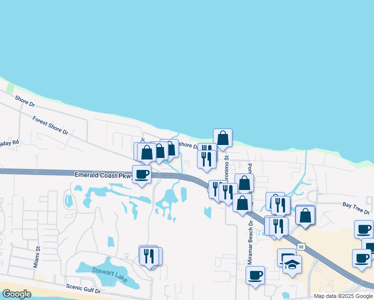 map of restaurants, bars, coffee shops, grocery stores, and more near 317 Bayshore Drive in Destin