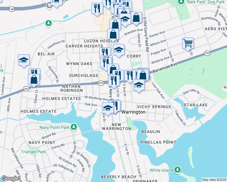 map of restaurants, bars, coffee shops, grocery stores, and more near 4165 Barrancas Avenue in Pensacola