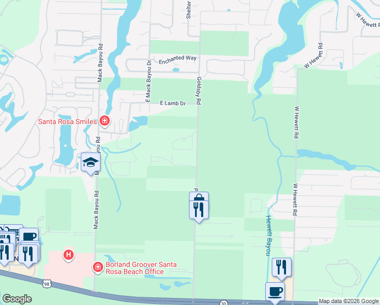map of restaurants, bars, coffee shops, grocery stores, and more near 101 Rivercrest Circle in Santa Rosa Beach