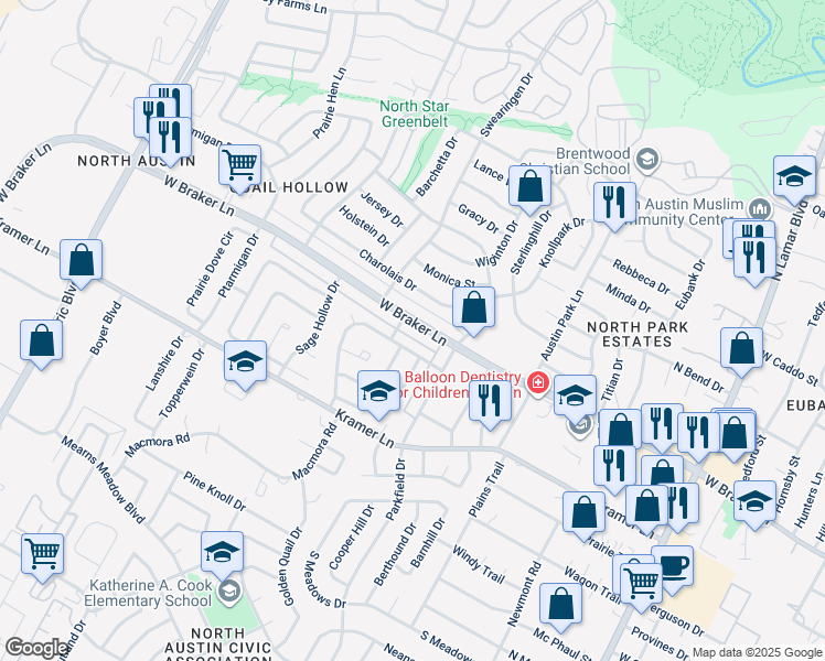 map of restaurants, bars, coffee shops, grocery stores, and more near 1423 West Braker Lane in Austin