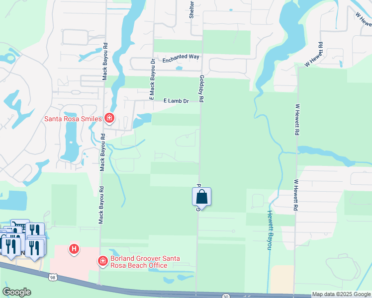 map of restaurants, bars, coffee shops, grocery stores, and more near 155 Rivercrest Circle in Santa Rosa Beach