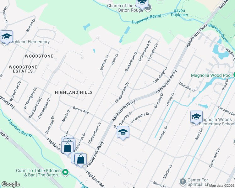map of restaurants, bars, coffee shops, grocery stores, and more near 7241 Palmetto Drive in Baton Rouge
