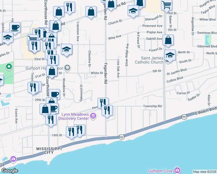 map of restaurants, bars, coffee shops, grocery stores, and more near 360 Tegarden Road in Gulfport