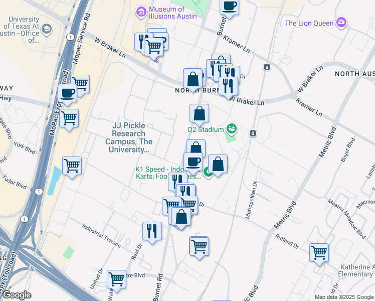 map of restaurants, bars, coffee shops, grocery stores, and more near 10301 Burnet Road in Austin