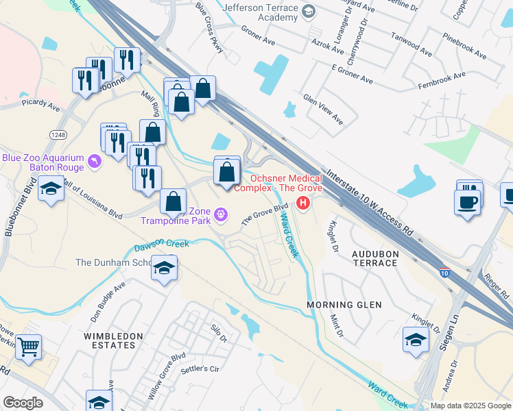 map of restaurants, bars, coffee shops, grocery stores, and more near Mall of Louisiana Blvd in Baton Rouge