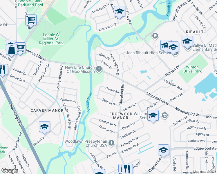 map of restaurants, bars, coffee shops, grocery stores, and more near 4410 Moncrief Road West in Jacksonville