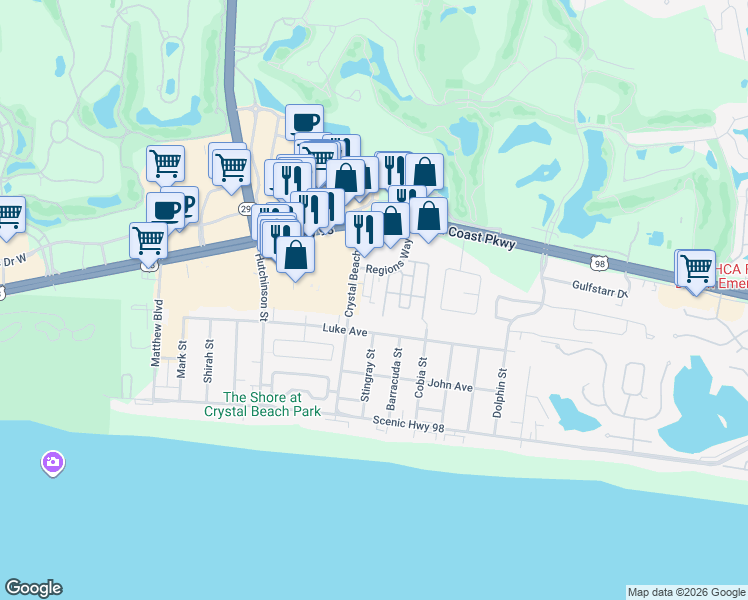 map of restaurants, bars, coffee shops, grocery stores, and more near 214 Tahitian Way in Destin
