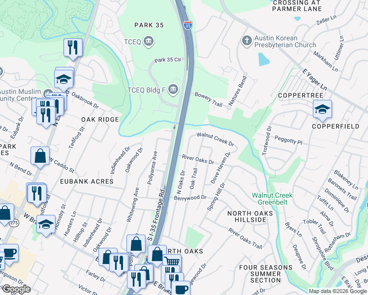 map of restaurants, bars, coffee shops, grocery stores, and more near 12006 North Oaks Drive in Austin