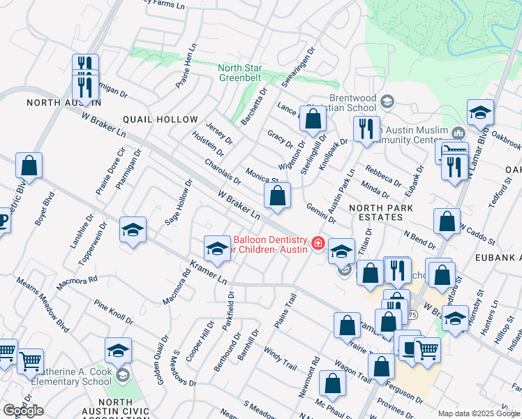 map of restaurants, bars, coffee shops, grocery stores, and more near 1410a West Braker Lane in Austin