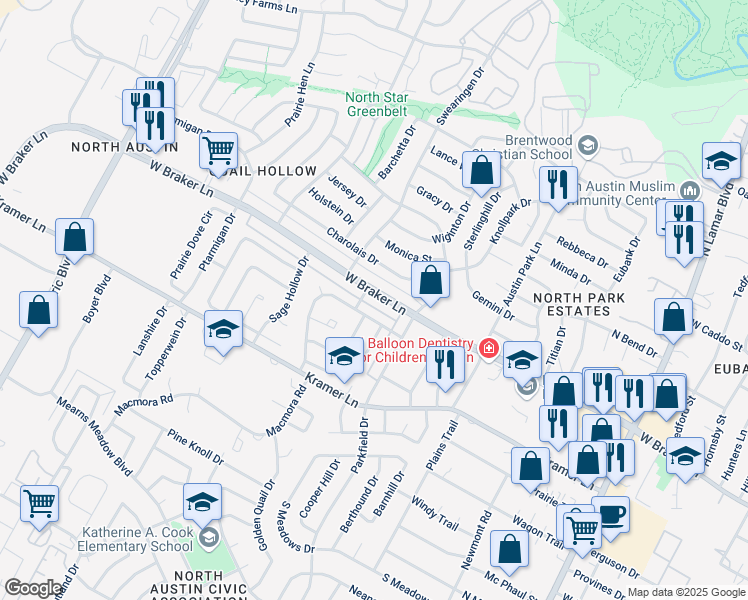 map of restaurants, bars, coffee shops, grocery stores, and more near 1423 West Braker Lane in Austin