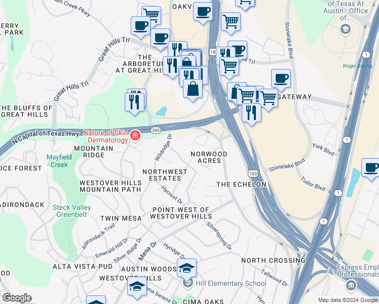 map of restaurants, bars, coffee shops, grocery stores, and more near 4200 Bluffridge Drive in Austin