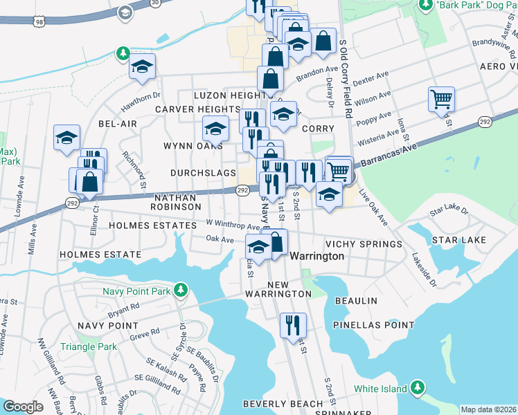 map of restaurants, bars, coffee shops, grocery stores, and more near 43 South Navy Boulevard in Pensacola