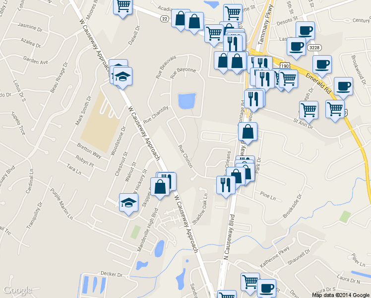 map of restaurants, bars, coffee shops, grocery stores, and more near 1071 Rue Chinon in Mandeville