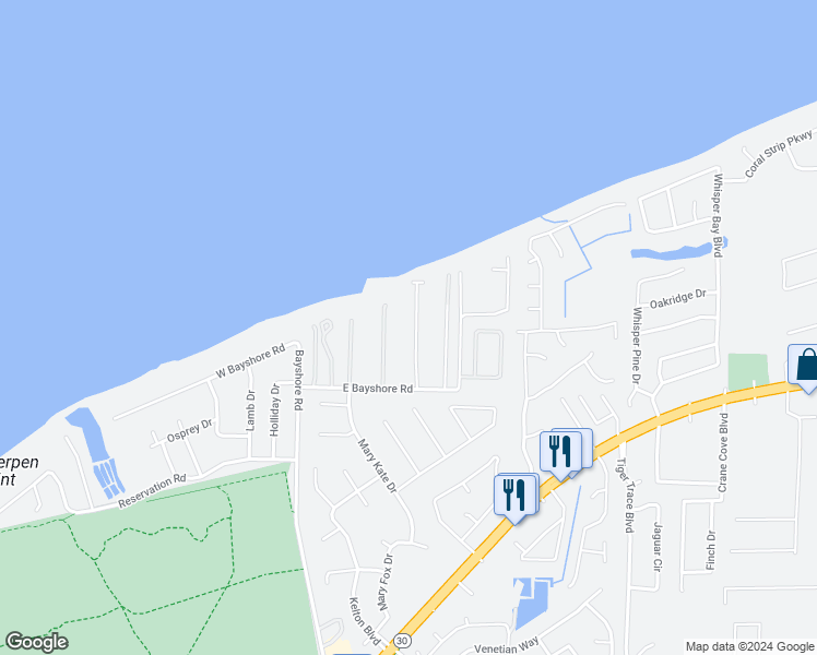 map of restaurants, bars, coffee shops, grocery stores, and more near 1343 Windsor Park Road in Gulf Breeze