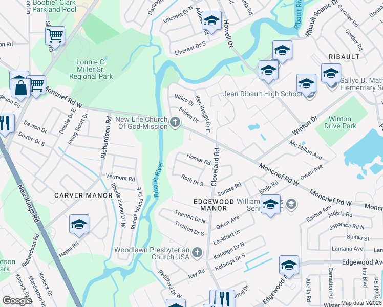 map of restaurants, bars, coffee shops, grocery stores, and more near 4410 Moncrief Road West in Jacksonville