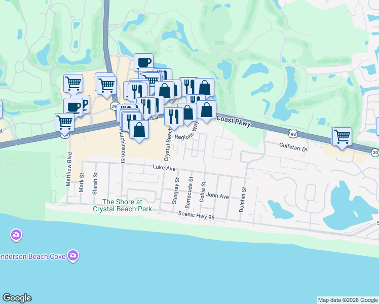 map of restaurants, bars, coffee shops, grocery stores, and more near 214 Tahitian Way in Destin