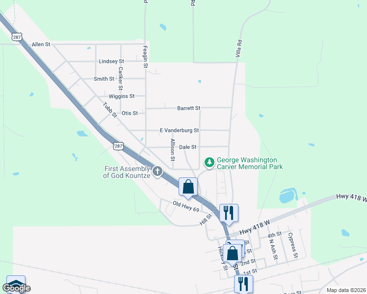 map of restaurants, bars, coffee shops, grocery stores, and more near 765 Dale Street in Kountze