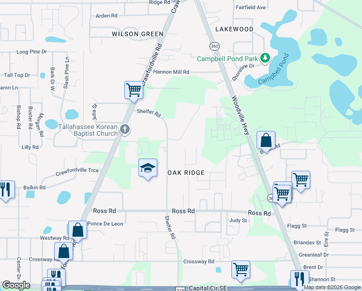 map of restaurants, bars, coffee shops, grocery stores, and more near 4508 Deslin Drive in Tallahassee
