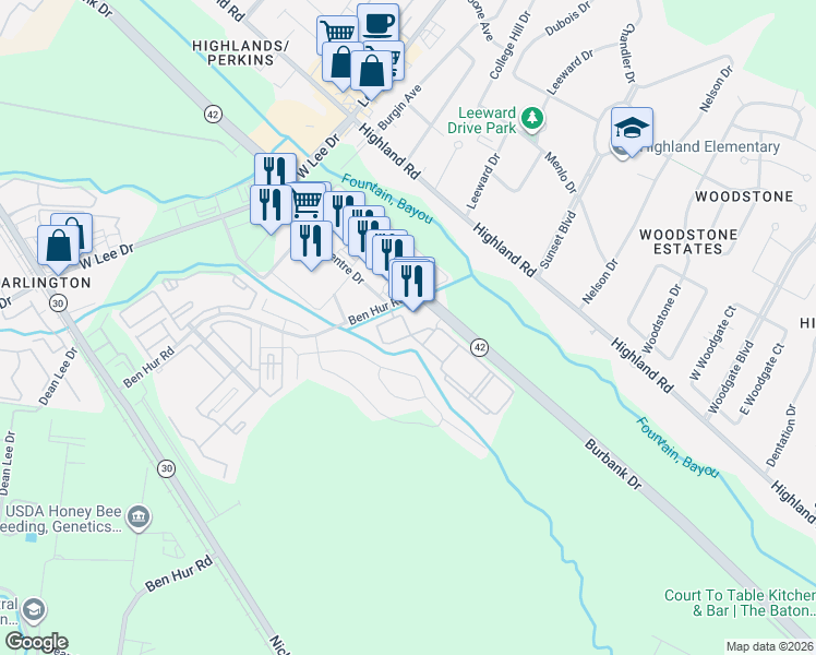 map of restaurants, bars, coffee shops, grocery stores, and more near 449 Ben Hur Road in Baton Rouge