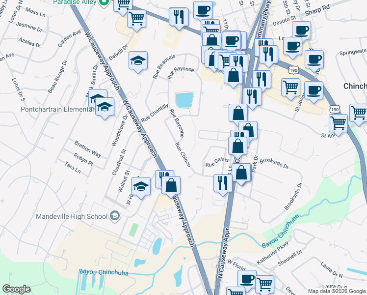 map of restaurants, bars, coffee shops, grocery stores, and more near 1071 Rue Chinon in Mandeville