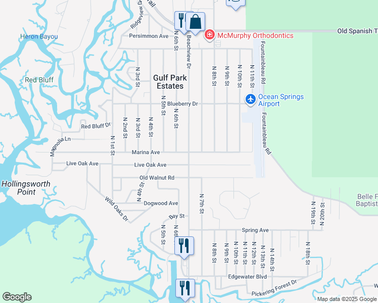 map of restaurants, bars, coffee shops, grocery stores, and more near 3106 Beachview Drive in Ocean Springs