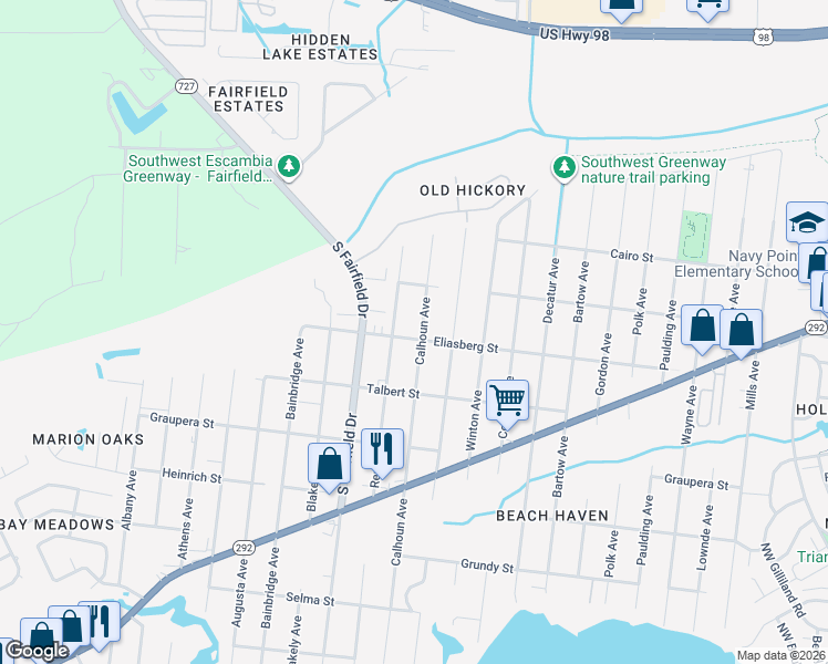 map of restaurants, bars, coffee shops, grocery stores, and more near 2502 Eliasberg Street in Pensacola